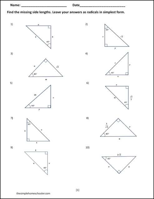 45 45 90 Triangle Worksheet and Answer Key - The Simple Homeschooler